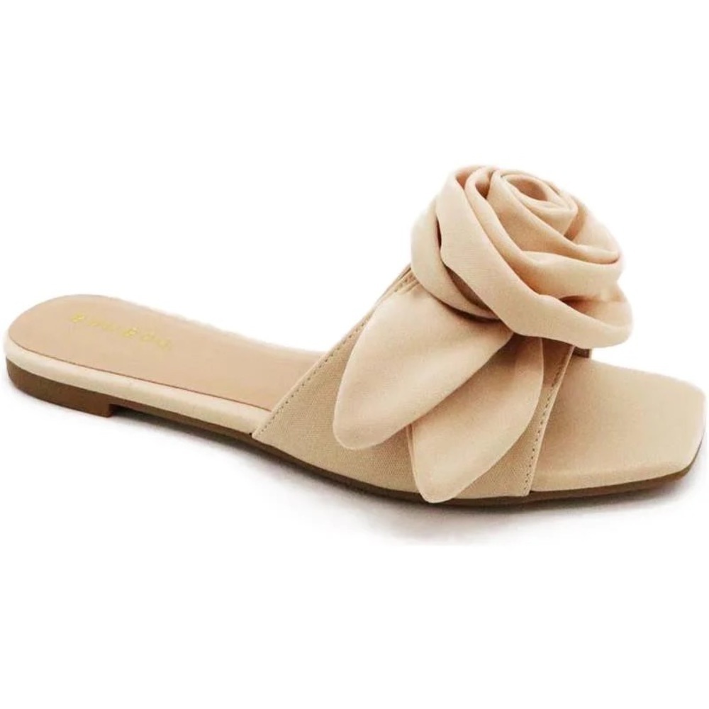 Bamboo Buzzing Rosette Flat Slip On Slide Sandals in Nude Satin